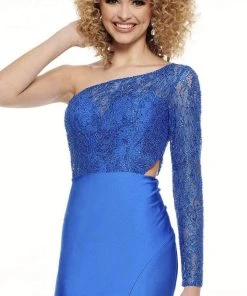Rachel Allan - 40091 Beaded Asymmetric Neck Fitted Dress 12 Rachel Allan - 40091 Beaded Asymmetric Neck Fitted Dress