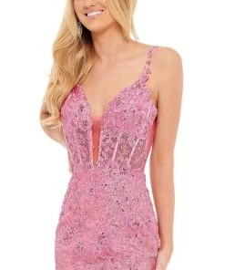 Rachel Allan - 40137 Plunging Neck Lace Corset Dress