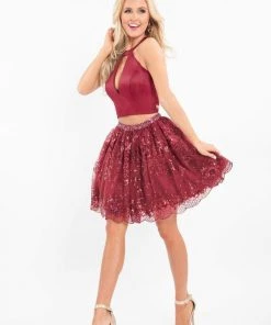 Short Dresses Rachel Allan - 4592 Two Piece Satin Halter Embroidered A-line Dress