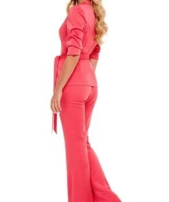 Rachel Allan - 50073 Plunging V-Neck Waist Tie Pantsuit
