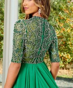 Rachel Allan 50149 - Bejeweled Quarter Length Sleeves Long Gown