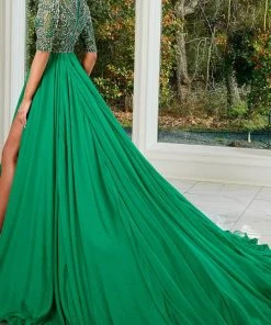 Rachel Allan 50149 - Bejeweled Quarter Length Sleeves Long Gown