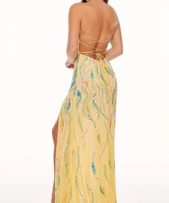 Rachel Allan - 70017 Beaded Tulle Plunging V Neck Sheath Dress