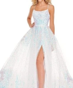 Rachel Allan - 70047 Sequined Scoop Neck High Slit Gown