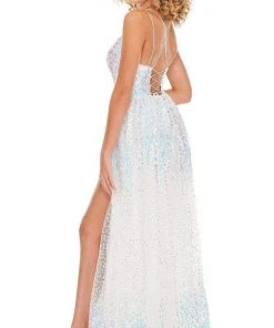 Rachel Allan - 70047 Sequined Scoop Neck High Slit Gown