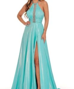 Rachel Allan - 70098 High Halter A-Line Dress With Slit