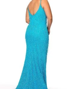 Rachel Allan - 70137W V-Neck Beaded Fringe Long Dress