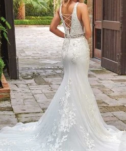 Rachel Allan - M785 Embroidered Deep V Neck Mermaid Gown With Overlay