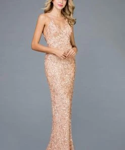 Scala - 47542 Fully Embellished Strapless V Neck Backless Sheath Dress