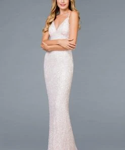 Scala - 47542 Fully Embellished Strapless V Neck Backless Sheath Dress
