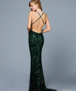 Scala - 47542 Fully Embellished Strapless V Neck Backless Sheath Dress