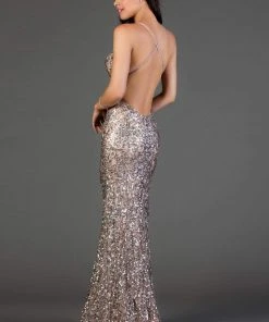 Scala - 47542 Fully Embellished Strapless V Neck Backless Sheath Dress