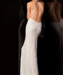 Scala - 47542 Fully Embellished Strapless V Neck Backless Sheath Dress