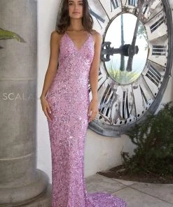 Scala - 47542 Strapless V Neck Backless Allover Sequins Sheath Dress 33 Scala - 47542 Strapless V Neck Backless Allover Sequins Sheath Dress