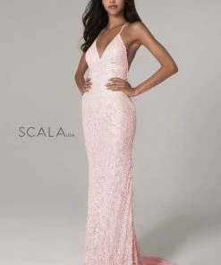 Scala - 47542 Strapless V Neck Backless Allover Sequins Sheath Dress 34 Scala - 47542 Strapless V Neck Backless Allover Sequins Sheath Dress