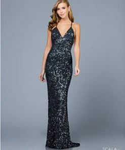 Scala - 47542 Strapless V Neck Backless Allover Sequins Sheath Dress 27 Scala - 47542 Strapless V Neck Backless Allover Sequins Sheath Dress