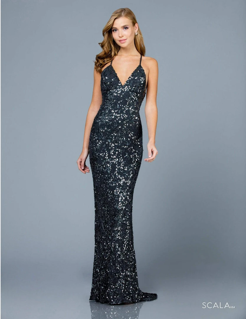 Scala - 47542 Strapless V Neck Backless Allover Sequins Sheath Dress 11 Scala - 47542 Strapless V Neck Backless Allover Sequins Sheath Dress