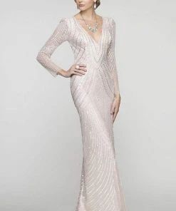 Scala - 48312 V-Neck Beaded Stripes Evening Dress