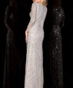 Scala - 48312 V-Neck Beaded Stripes Evening Dress