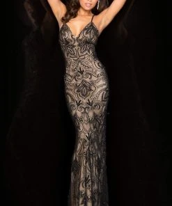 Scala - 48557 Lace Plunging V-neck Sheath Dress