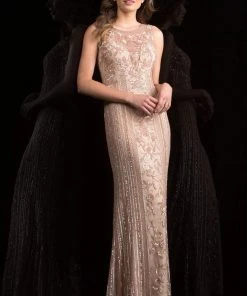 Scala - 48788 Illusion Scoop Neck Sequined Sheath Gown