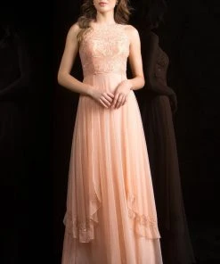 Scala - 48841 Jewel Neck Beaded Chiffon A-line Gown