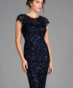 Scala - 48864 Knee Length Sequin-Crusted Cap Sleeve Dress