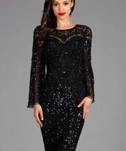 Scala - 48885 Sequined Long Bell Sleeve Fitted Dress