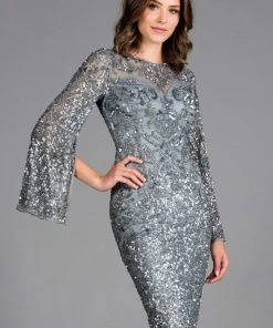 Scala - 48885 Sequined Long Bell Sleeve Fitted Dress 10 Scala - 48885 Sequined Long Bell Sleeve Fitted Dress