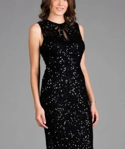 Scala - 48897ML Fully Sequined Jewel Neck Fitted Dress