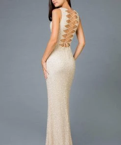 Scala - 48933 Sequined Scalloped V-neck Sheath Dress