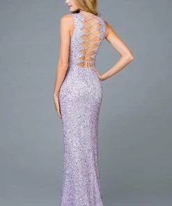 Scala - 48933 Sequined Scalloped V-neck Sheath Dress