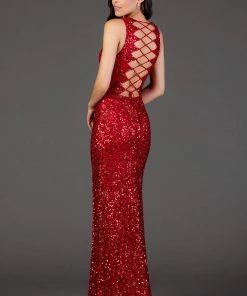 Scala - 48933 Sequined Scalloped V-neck Sheath Dress