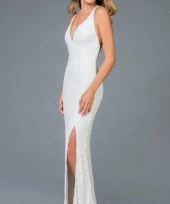 Scala - 48949 Sequined Plunging Halter V-neck Sheath Dress