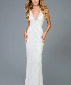 Scala - 48951 Embellished Plunging V-neck Sheath Dress