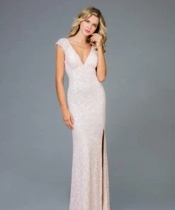 Scala - 48958 Sequined Plunging V-neck Sheath Dress