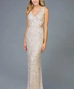 SCALA - 48962 Shimmering V-neck Long Dress - 1 Pc Cream In Size 0 Available