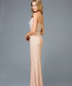 Scala - 48963 Sequined Deep V-neck Sheath Dress With Slit