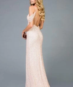 Scala - 48979 Full Sequin Sexy Sheath Gown With Drape Shoulder Sleeves