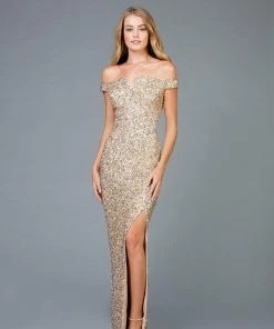 Scala - 48985 Sequined Off-Shoulder Fitted Dress