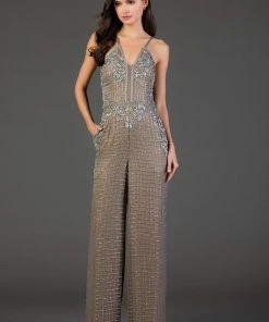 SCALA - 48995 Sequined Plunging V-Neck Jumpsuit