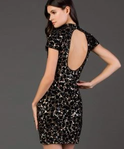 SCALA - 60067 Sequined High Neck Short Sleeve Sheath Dress 5 SCALA - 60067 Sequined High Neck Short Sleeve Sheath Dress