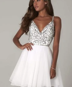 SCALA - 60076 V-Neck Sequined Bodice Short A-Line Dress