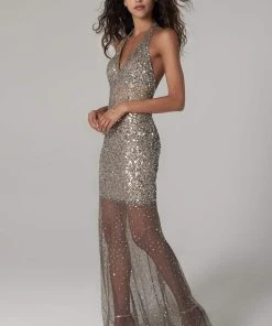 SCALA - 60130 V-Neck Open Back Sequin Illusion Sheath Dress