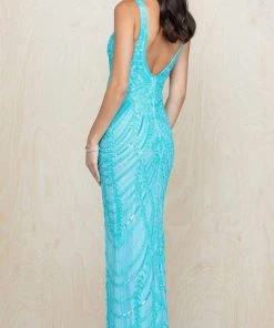 Scala - 60222 Sequined Deep V Neck Sheath Dress