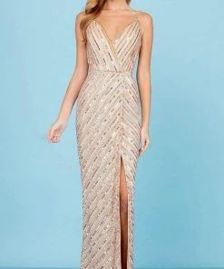 SCALA - 60258 Striped Sequin V-Neck Gown