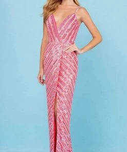 SCALA - 60258 Striped Sequin V-Neck Gown