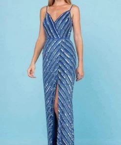 SCALA - 60258 Striped Sequin V-Neck Gown