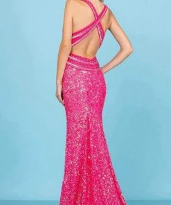SCALA - 60301 V-Neck Sequin High Slit Gown