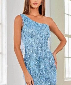 SCALA 60307 - One-Shoulder Sleeve Sequin Cocktail Dress